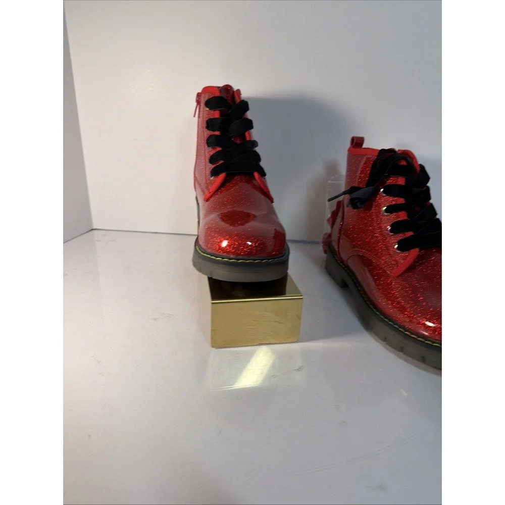 Dream Pairs Kids Girls Red  Glitter Ankle Boots Side Zipper PU Combat Boots